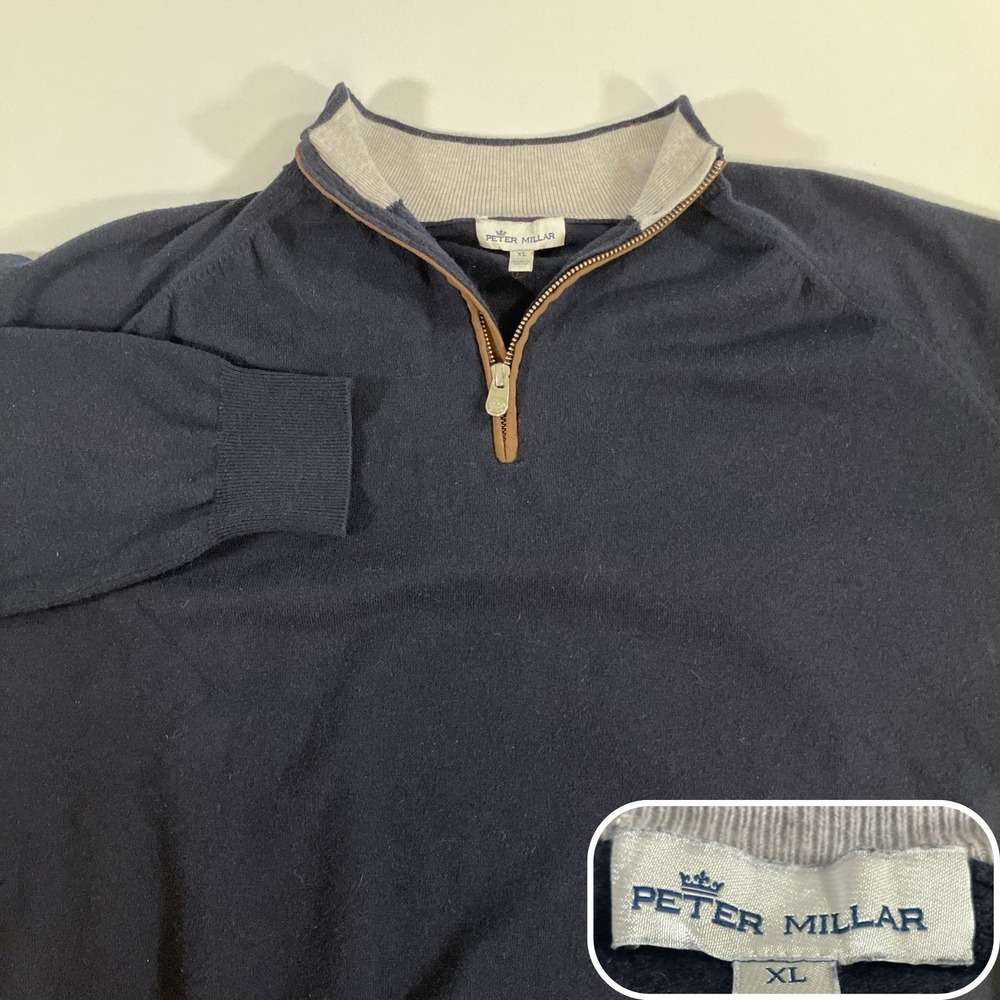 Peter Millar Merino Wool Blend 1/4 Zip Sweater Navy Blue Men's Large Pullover
